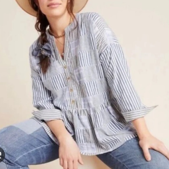 Anthropologie Maeve Blue Striped Patchwork Button Down 3/4 Top Small High Lo - Picture 1 of 9